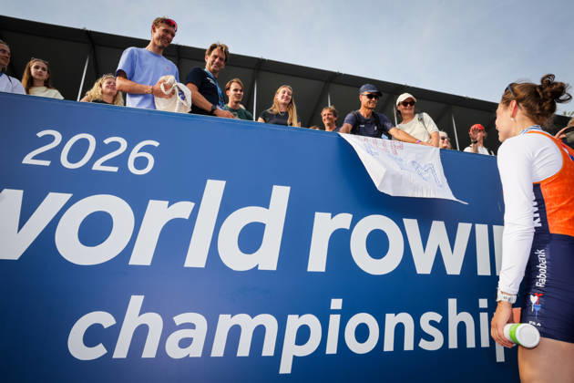 RECORD DATE NOT STATED 27th August 2026; Bosbaan, Amsterdam, Holland, Netherlands; 2026 World Rowing Championships, Day Four; the medal ceremony; Dutch fans celebrate Netherlands Lightweight Womens Single Sculls (LW1x) with Femke van de Vliet, bronze medallist AnthonyxBenoit