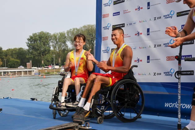 RECORD DATE NOT STATED 27th August 2026; Bosbaan, Amsterdam, Holland, Netherlands; 2026 World Rowing Championships, Day Four; the medal ceremony; China PR2 Mixed Double Sculls (PR2 Mix2x) with Shuang Liu and Jijian Jiang silver medallists AnthonyxBenoit