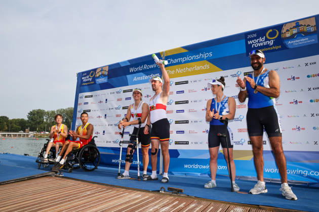 RECORD DATE NOT STATED 27th August 2026; Bosbaan, Amsterdam, Holland, Netherlands; 2026 World Rowing Championships, Day Four; the medal ceremony; China PR2 Mixed Double Sculls (PR2 Mix2x) with Shuang Liu and Jijian Jiang silver medallists, Germany PR2 Mixed Double Sculls (PR2 Mix2x) with Jasmina Bier and Paul Umbach gold medallists and Israel PR2 Mixed Double Sculls (PR2 Mix2x) with Shahar Milfelder and Saleh Shahin bronze medallists AnthonyxBenoit