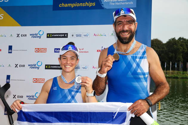 RECORD DATE NOT STATED 27th August 2026; Bosbaan, Amsterdam, Holland, Netherlands; 2026 World Rowing Championships, Day Four; the medal ceremony; Israel PR2 Mixed Double Sculls (PR2 Mix2x) with Shahar Milfelder and Saleh Shahin bronze medallists AnthonyxBenoit