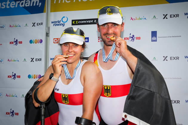 RECORD DATE NOT STATED 27th August 2026; Bosbaan, Amsterdam, Holland, Netherlands; 2026 World Rowing Championships, Day Four; the medal ceremony; Germany PR2 Mixed Double Sculls (PR2 Mix2x) with Jasmina Bier and Paul Umbach gold medallists AnthonyxBenoit