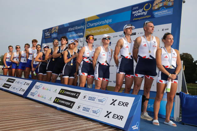 RECORD DATE NOT STATED 27th August 2026; Bosbaan, Amsterdam, Holland, Netherlands; 2026 World Rowing Championships, Day Four; =podium; Great Britain PR3 Mixed Coxed Four (PR3 Mix4+) with Francesca Allen, Charlotte Coburn, Jonty Ridley and Joshua OBrien, coxed by Omar Al-Miqdadi silver medallists, United States PR3 Mixed Coxed Four (PR3 Mix4+) with Gabriella Bigler, Skylar Dahl, Maxwell Allemeier and Alex Flynn, coxed by Hannah Diaz gold medallists and France PR3 Mixed Coxed Four (PR3 Mix4+) with Eva David, Helene Balzac, Gregoire Bireau and Laurent Cadot, coxed by Maiwenn Dumont bronze medallists AnthonyxBenoit