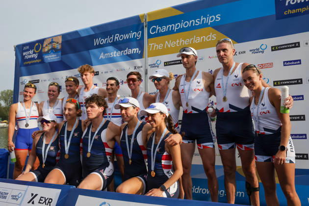 RECORD DATE NOT STATED 27th August 2026; Bosbaan, Amsterdam, Holland, Netherlands; 2026 World Rowing Championships, Day Four; =podium; Great Britain PR3 Mixed Coxed Four (PR3 Mix4+) with Francesca Allen, Charlotte Coburn, Jonty Ridley and Joshua OBrien, coxed by Omar Al-Miqdadi silver medallists, United States PR3 Mixed Coxed Four (PR3 Mix4+) with Gabriella Bigler, Skylar Dahl, Maxwell Allemeier and Alex Flynn, coxed by Hannah Diaz gold medallists and France PR3 Mixed Coxed Four (PR3 Mix4+) with Eva David, Helene Balzac, Gregoire Bireau and Laurent Cadot, coxed by Maiwenn Dumont bronze medallists AnthonyxBenoit