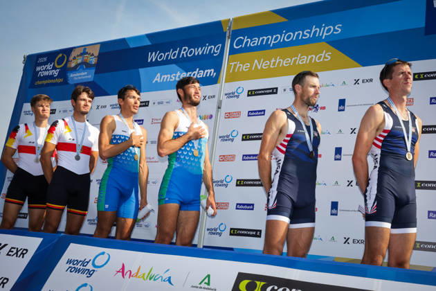 RECORD DATE NOT STATED 27th August 2026; Bosbaan, Amsterdam, Holland, Netherlands; 2026 World Rowing Championships, Day Four; the medal ceremony; Germany Lightweight Mens Double Sculls (LM2x) with Naveen Alexander Shah and Maximilian Ruehling silver medallists, Uzbekistan Lightweight Mens Double Sculls (LM2x) with Shakhzod Nurmatov and Sobirjon Safaroliyev gold medallists and United States Lightweight Mens Double Sculls (LM2x) with Jamie Copus and Sean Richardson bronze medallists AnthonyxBenoit