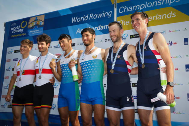 RECORD DATE NOT STATED 27th August 2026; Bosbaan, Amsterdam, Holland, Netherlands; 2026 World Rowing Championships, Day Four; the medal ceremony; Germany Lightweight Mens Double Sculls (LM2x) with Naveen Alexander Shah and Maximilian Ruehling silver medallists, Uzbekistan Lightweight Mens Double Sculls (LM2x) with Shakhzod Nurmatov and Sobirjon Safaroliyev gold medallists and United States Lightweight Mens Double Sculls (LM2x) with Jamie Copus and Sean Richardson bronze medallists AnthonyxBenoit