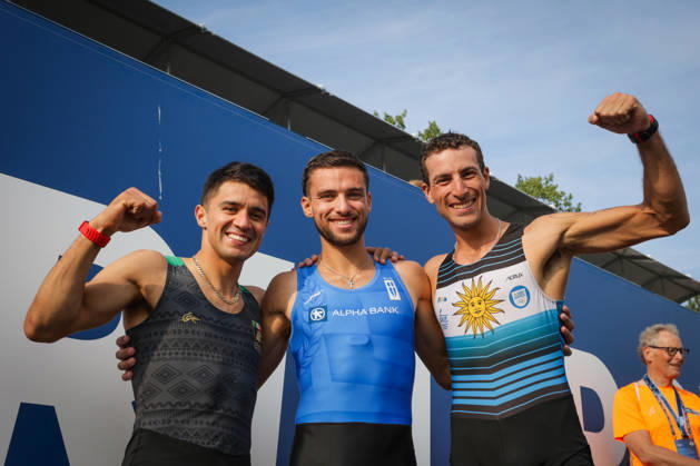 RECORD DATE NOT STATED 27th August 2026; Bosbaan, Amsterdam, Holland, Netherlands; 2026 World Rowing Championships, Day Four; the medal ceremony; Uruguay Lightweight Mens Single Sculls (LM1x) with Felipe Kluver Ferreira silver medallist, Greece Lightweight Mens Single Sculls (LM1x) with Petros Gkaidatzis gold medallist and Mexico Lightweight Mens Single Sculls (LM1x) with Alexis Lopez Garcia bronze medallist AnthonyxBenoit