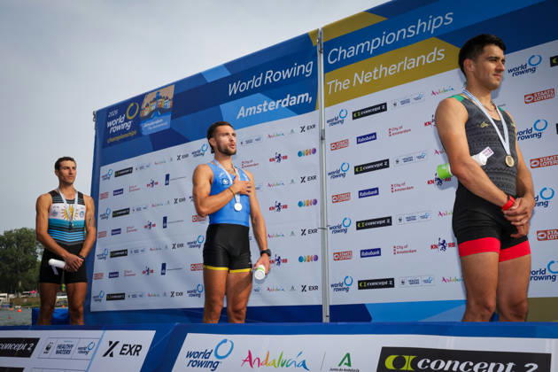 RECORD DATE NOT STATED 27th August 2026; Bosbaan, Amsterdam, Holland, Netherlands; 2026 World Rowing Championships, Day Four; the medal ceremony; Uruguay Lightweight Mens Single Sculls (LM1x) with Felipe Kluver Ferreira silver medallist, Greece Lightweight Mens Single Sculls (LM1x) with Petros Gkaidatzis gold medallist and Mexico Lightweight Mens Single Sculls (LM1x) with Alexis Lopez Garcia bronze medallist AnthonyxBenoit