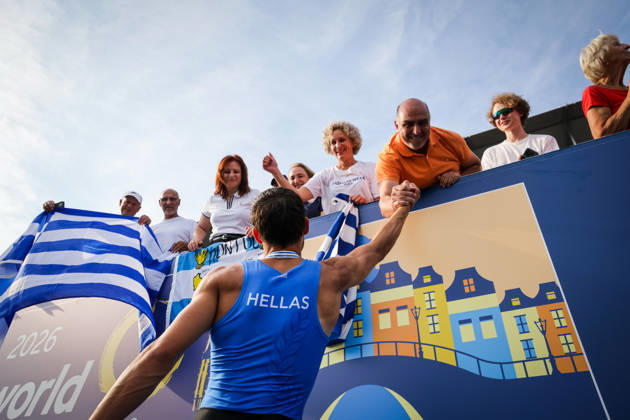 RECORD DATE NOT STATED 27th August 2026; Bosbaan, Amsterdam, Holland, Netherlands; 2026 World Rowing Championships, Day Four; Greek fans celebrate with Greece Lightweight Mens Single Sculls (LM1x) with Petros Gkaidatzis gold medallist AnthonyxBenoit