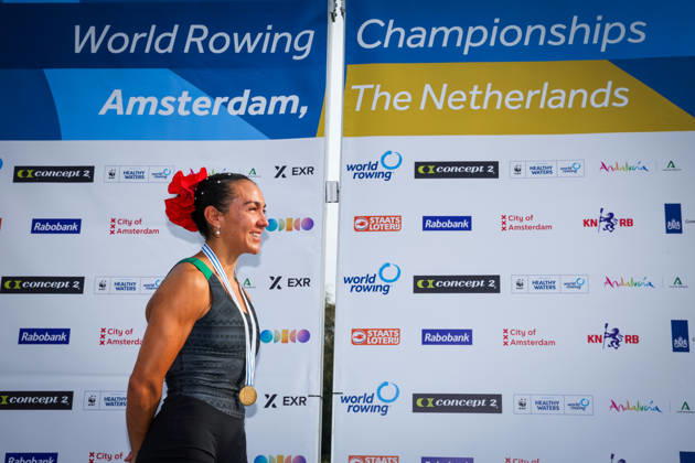 RECORD DATE NOT STATED 27th August 2026; Bosbaan, Amsterdam, Holland, Netherlands; 2026 World Rowing Championships, Day Four; the medal ceremony; Mexico Lightweight Womens Single Sculls (LW1x) with Kenia Lechuga Alanis gold medallist AnthonyxBenoit