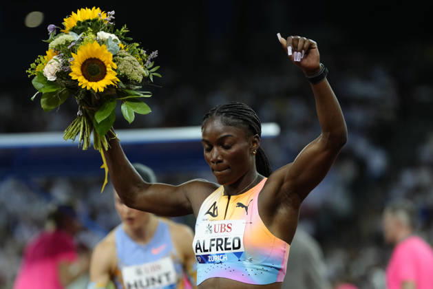 Zürich, Switzerland - August 27: Julien Alfred (LCA) celebrates after wining in the 100m Women during the Wanda Diamond League Weltklasse Zürich at Stadion Letzigrund on August 27, 2026 in Zürich, Switzerland. Copyright: xKjetilxWaberx xSPPx Sportspressphoto_SPR217209