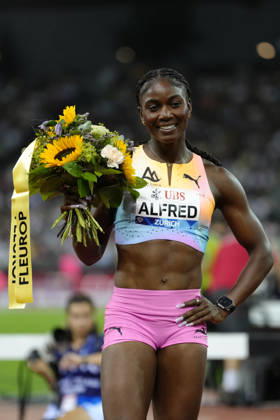 Zürich, Switzerland - August 27: Julien Alfred (LCA) celebrates after wining in the 100m Women during the Wanda Diamond League Weltklasse Zürich at Stadion Letzigrund on August 27, 2026 in Zürich, Switzerland. Copyright: xKjetilxWaberx xSPPx Sportspressphoto_SPR217212