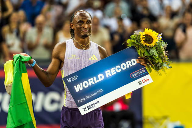 ZÜRICH, SWITZERLAND - AUGUST 27: World record for Alison Dos Santos of Brazil (BRA) in the 400 m hurdles at Diamond League: Weltklasse Zürich on August 27, 2026 in the Stadion Letzigrund, Zürich, Switzerland. Copyright: xUlfxSchillerx