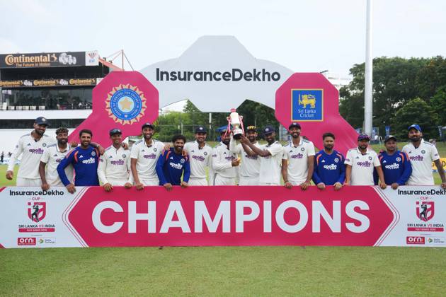 India wins the test series against Sri Lanka by 1-0 Colombo Sri Lanka , Aug 27 (ANI): Indian squad celebrate with the trophy after winning the test series against Sri Lanka by 1-0 at Sinhalese Sports Club ground in Colombo on Thursday. Colombo Sri Lanka Copyright: xANIx ANI_20260827425