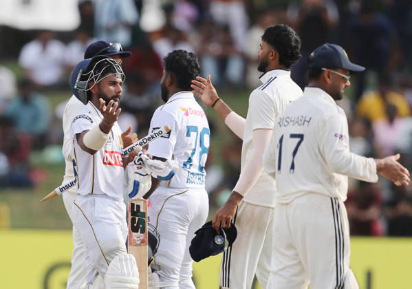 IND vs SL, 2nd Test, Day 5 Colombo Sri Lanka , Aug 27 (ANI): Sri Lanka s Sonal Dinusha greets India s Devdutt Padikkal after the end of the 2nd test match on day 5, at Sinhalese Sports Club ground in Colombo on Thursday. Colombo Sri Lanka Copyright: xANIx ANI_20260827427