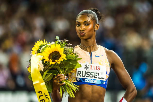 ZÜRICH, SWITZERLAND - AUGUST 27: Masai Russell of the United States (USA) reacts after the world record in the womens 100 m hurdles at Diamond League: Weltklasse Zürich on August 27, 2026 in the Stadion Letzigrund, Zürich, Switzerland. Copyright: xUlfxSchillerx