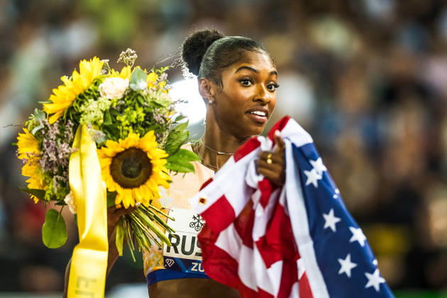 ZÜRICH, SWITZERLAND - AUGUST 27: Masai Russell of the United States (USA) reacts after the world record in the womens 100 m hurdles at Diamond League: Weltklasse Zürich on August 27, 2026 in the Stadion Letzigrund, Zürich, Switzerland. Copyright: xUlfxSchillerx