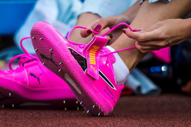 ZÜRICH, SWITZERLAND - AUGUST 27: Shoes of Yaroslava Mahuchikh of Ukraine (UKR) during the high jump at Diamond League: Weltklasse Zürich on August 27, 2026 in the Stadion Letzigrund, Zürich, Switzerland. Copyright: xUlfxSchillerx