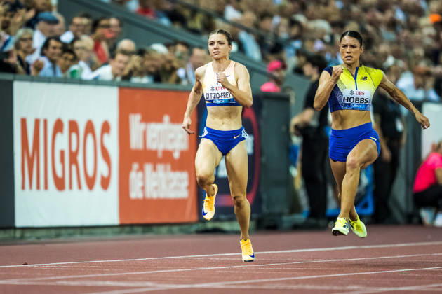 ZÜRICH, SWITZERLAND - AUGUST 27: Geraldine Di Tizio-Frey of Switzerland (SUI) and Zoe Hobbs of New Zealand (NZL) compete in the womens 100 m at Diamond League: Weltklasse Zürich on August 27, 2026 in the Stadion Letzigrund, Zürich, Switzerland. Copyright: xUlfxSchillerx