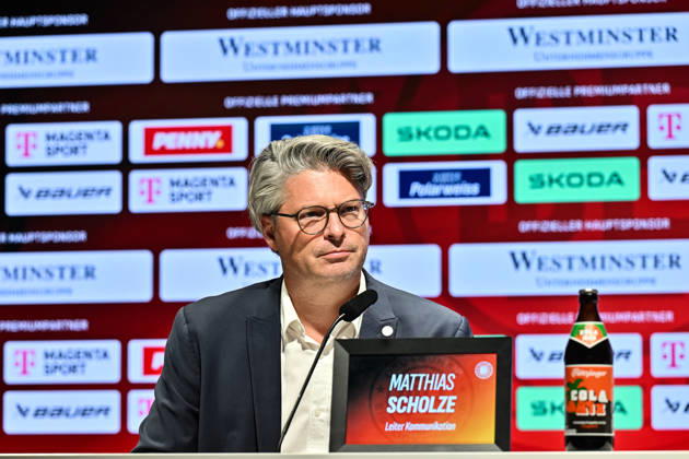 DEB Pressekonferenz; 27.08.2026 MUNICH, GERMANY - 27. AUGUST: im Bild der Leiter Kommunikation des DEB - Matthias SCHOLZE auf der Pressekonferenz im SAP Garden in München Copyright: xBEAUTIFULxSPORTS Goldbergx