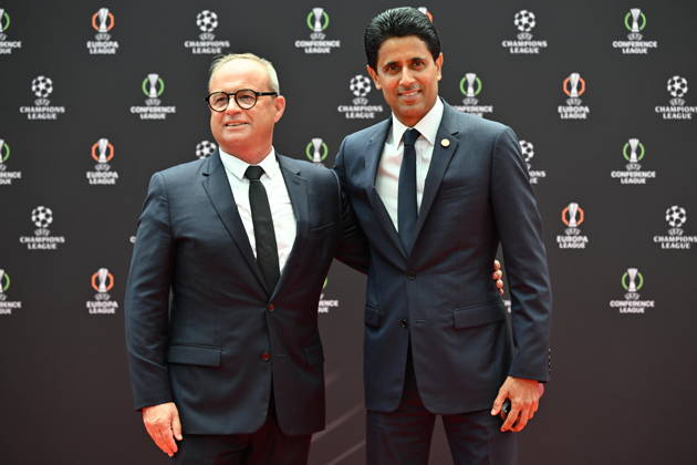 UEFA Champions League 2026 27 league phase draw in Monaco MONACO - AUGUST 27: Paris Saint Germain s Qatari president Nasser al-Khelaifi (R) poses prior to the draw ceremony for the league phase of the 2026-2027 UEFA Champions League football tournament at the Grimaldi Forum in Monaco on August 27, 2026. Mustafa Yalcin Anadolu Monaco Monaco. Editorial use only. Please get in touch for any other usage. Copyright: x2026xAnadoluxMustafaxYalcinx