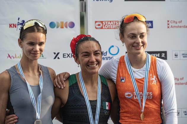 Amsterdam The Netherlands 27th August 2026 2026 World Rowing Championships on the Bosbaan in Amsterdam Lightweight Women s Single Sculls Final A (Final) Medal ceremony Mariia Zhovner (AIN) wins silver. Kenia Lechuga Alanis (MEX) wins gold. Femke Van De Vliet (NED) wins bronze. watersport,