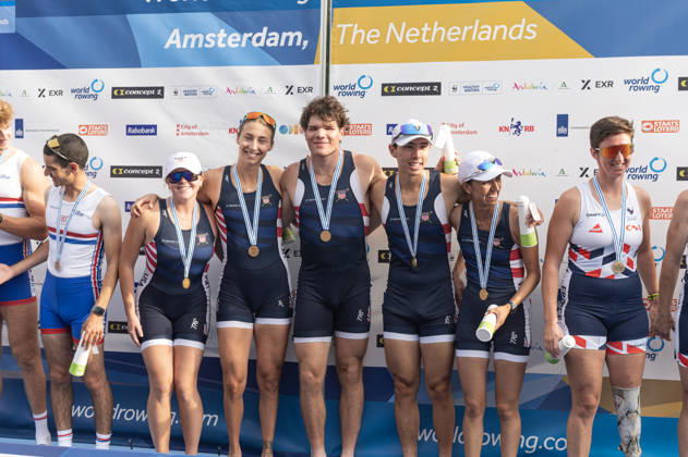 Amsterdam The Netherlands 27th August 2026 2026 World Rowing Championships on the Bosbaan in Amsterdam PR3 Mixed Coxed Four Final A (Final) Medal ceremony. B Gabriella Bigler 2 Skylar Dahl 3 Maxwell Allemeier S Alex Flynn C Hannah Diaz (USA) win gold. watersport,