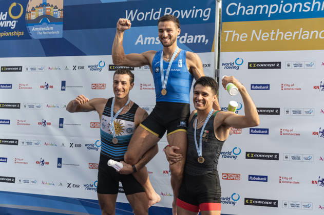 Amsterdam The Netherlands 27th August 2026 2026 World Rowing Championships on the Bosbaan in Amsterdam Lightweight Men s Single Sculls Final A (Final) Petros Gkaidatzis (GRE) wins gold supported by Felipe Kluver Ferreira (URU) silver, and Alexis Lopez Garcia (MEX) bronze. watersport,