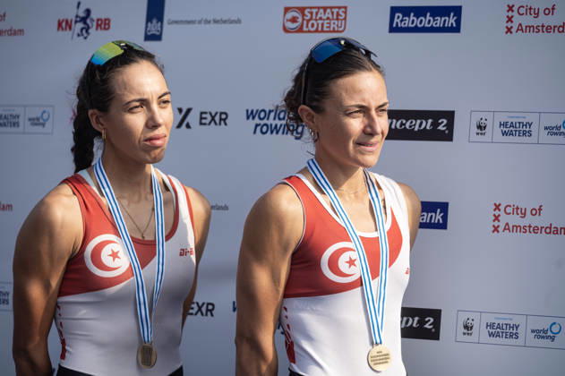 Amsterdam The Netherlands 27th August 2026 2026 World Rowing Championships on the Bosbaan in Amsterdam Lightweight Women s Double Sculls Final (Final) Medal ceremony. Bronze medal winners Khadija Krimi and Selma Dhaouadi (TUN) watersport,