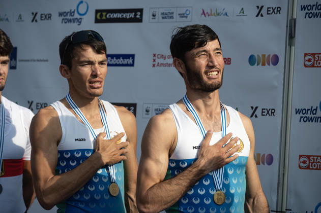 Amsterdam The Netherlands 27th August 2026 2026 World Rowing Championships on the Bosbaan in Amsterdam Lightweight Men s Double Sculls Final A (Final) Medal ceremony Shakhzod Nurmatov and Sobirjon Safaroliyev (UZB) win gold watersport,