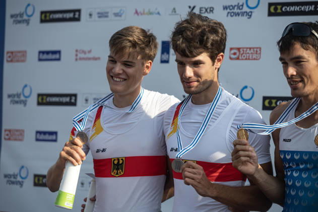 Amsterdam The Netherlands 27th August 2026 2026 World Rowing Championships on the Bosbaan in Amsterdam Lightweight Men s Double Sculls Final A (Final) Medal ceremony Naveen Alexander Shah and Maximilian Ruehling (GER) win silver watersport,