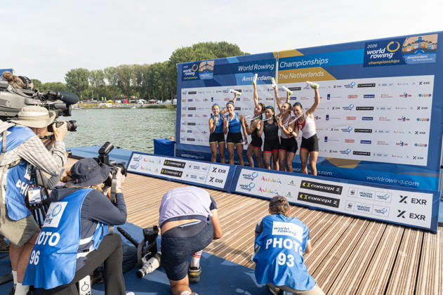 Amsterdam The Netherlands 27th August 2026 2026 World Rowing Championships on the Bosbaan in Amsterdam Lightweight Women s Double Sculls Final (Final) Medal ceremony. Silver medal winners. Paschalina Mouratidou and Gavriela Lioliou (GRE) Gold medal winners Aylin Maryah Ibarra Maduena and Melissa Marquez (MEX) Bronze medal winners Khadija Krimi and Selma Dhaouadi (TUN) watersport, press, photographers, media