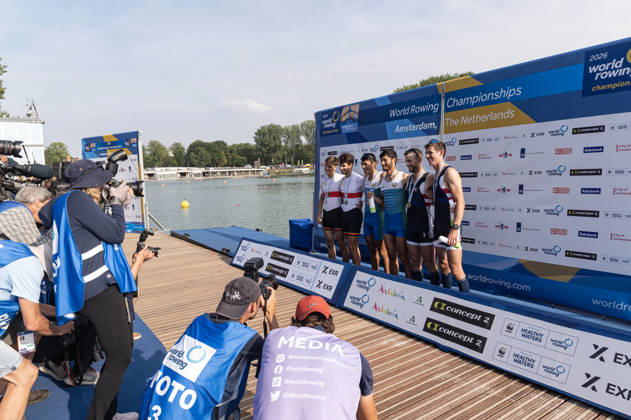 Amsterdam The Netherlands 27th August 2026 2026 World Rowing Championships on the Bosbaan in Amsterdam Lightweight Men s Double Sculls Final A (Final) Medal ceremony Naveen Alexander Shah and Maximilian Ruehling (GER) win silver Shakhzod Nurmatov and Sobirjon Safaroliyev (UZB) win gold Jamie Copus and Sean Richardson (USA) win bronze. watersport, photographers, media,