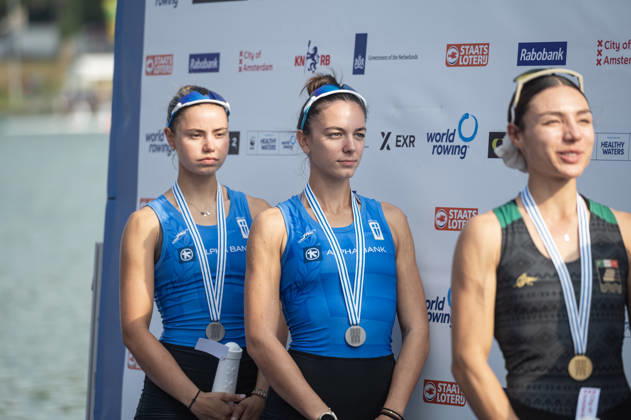 Amsterdam The Netherlands 27th August 2026 2026 World Rowing Championships on the Bosbaan in Amsterdam Lightweight Women s Double Sculls Final (Final) Medal ceremony. Silver medal winners. Paschalina Mouratidou and Gavriela Lioliou (GRE) watersport,