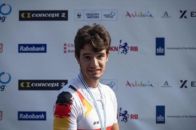 Amsterdam The Netherlands 27th August 2026 2026 World Rowing Championships on the Bosbaan in Amsterdam Lightweight Men s Double Sculls Final A (Final) Medal ceremony MAXIMILIAN RUEHLING (GER) wins silver. watersport,