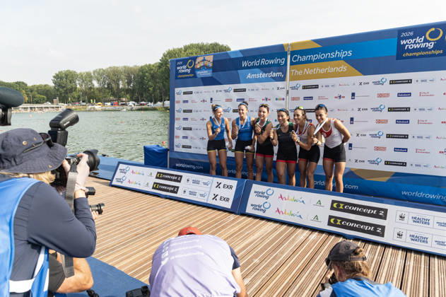 Amsterdam The Netherlands 27th August 2026 2026 World Rowing Championships on the Bosbaan in Amsterdam Lightweight Women s Double Sculls Final (Final) Medal ceremony. Silver medal winners. Paschalina Mouratidou and Gavriela Lioliou (GRE) Gold medal winners Aylin Maryah Ibarra Maduena and Melissa Marquez (MEX) Bronze medal winners Khadija Krimi and Selma Dhaouadi (TUN) watersport,
