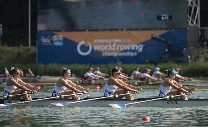 Amsterdam The Netherlands 27th August 2026 2026 World Rowing Championships on the Bosbaan in Amsterdam Women s Quadruple Sculls Semifinal 2 (Semifinal) B Milla Massemin 2 Violaine Aernoudts 3 Margaux Bailleul S Claire Bove (FRA) watersport,