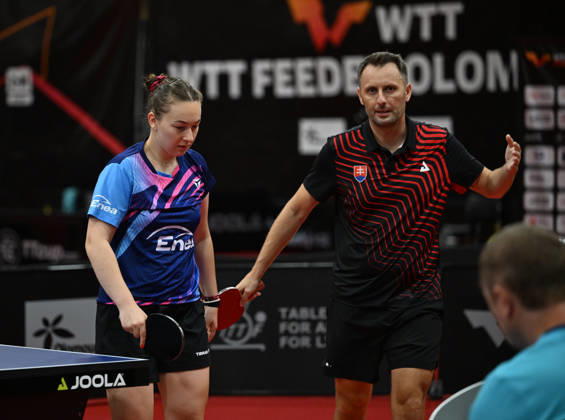 Final of mixed doubles of Table tennis, Tischtennis during the WTT Feeder Olomouc, Czech Republic, August 28, 2026. From left Natalia Bajorova of Poland, Lubomir Pistej od Slovakia. (CTKxPhoto LudekxPerina) CTKPhotoP2026082804381  CTKPhotoP2026082804381
