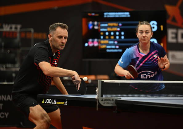 Final of mixed doubles of Table tennis, Tischtennis during the WTT Feeder Olomouc, Czech Republic, August 28, 2026. From right Natalia Bajorova of Poland, Lubomir Pistej od Slovakia. (CTKxPhoto LudekxPerina) CTKPhotoP2026082804433  CTKPhotoP2026082804433