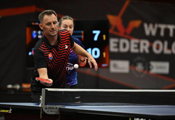 Final of mixed doubles of Table tennis, Tischtennis during the WTT Feeder Olomouc, Czech Republic, August 28, 2026. From right Natalia Bajorova of Poland, Lubomir Pistej od Slovakia. (CTKxPhoto LudekxPerina) CTKPhotoP2026082804523  CTKPhotoP2026082804523