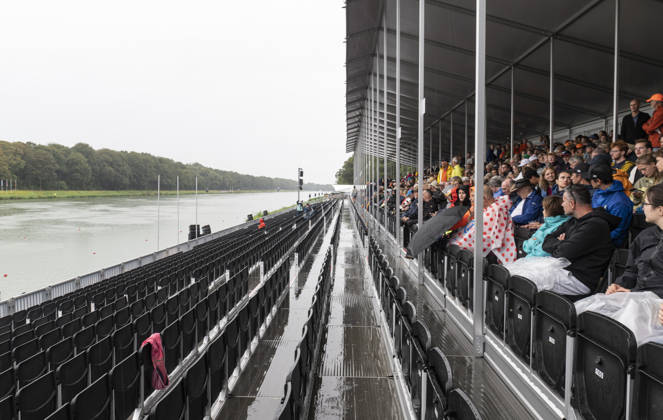 Amsterdam The Netherlands 28th August 2026 2026 World Rowing Championships on the Bosbaan in Amsterdam Rain stops play. Empty and full tribunes along the Bosbaan wet and dry.