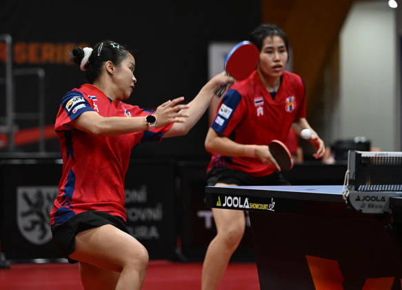 From left Orawan Paranang and Suthasini Sawettabut of Thailand in action during the match against Rin Mende and Misuzu Takeya of Japan during the women s doubles Table tennis, Tischtennis final at the WTT Feeder in Olomouc, Czech Republic, on August 28, 2026. (CTKxPhoto LudekxPerina) CTKPhotoP2026082806157  CTKPhotoP2026082806157