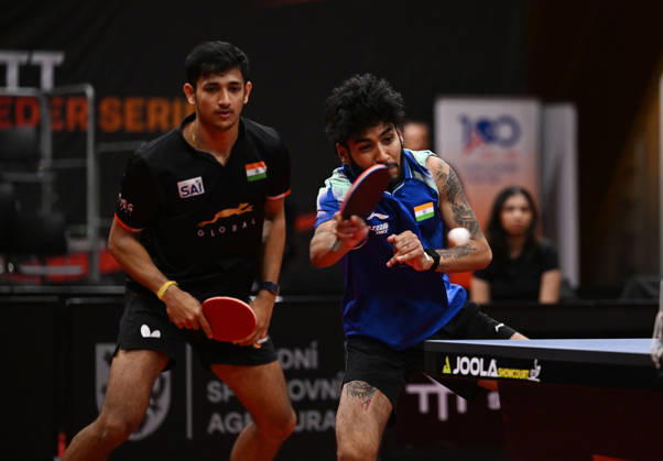 From left Akash Pal and Ankur Bhattacharjee of India in action during the match against Mateusz Zalewski of Poland and David Szantosi of Hungary during the men s doubles Table tennis, Tischtennis final at the WTT Feeder in Olomouc, Czech Republic, on August 28, 2026. (CTKxPhoto LudekxPerina) CTKPhotoP2026082806306  CTKPhotoP2026082806306