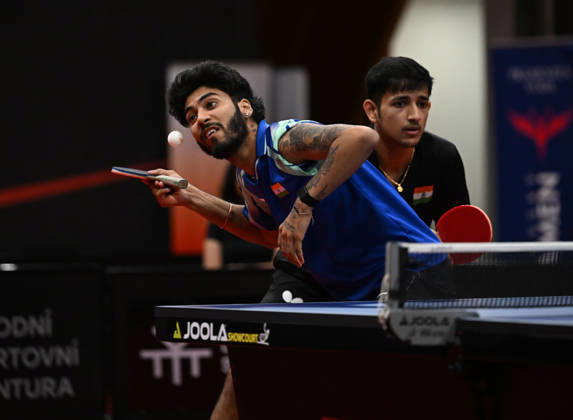 From left Ankur Bhattacharjee and Akash Pal of India in action during the match against Mateusz Zalewski of Poland and David Szantosi of Hungary during the men s doubles Table tennis, Tischtennis final at the WTT Feeder in Olomouc, Czech Republic, on August 28, 2026. (CTKxPhoto LudekxPerina) CTKPhotoP2026082806323  CTKPhotoP2026082806323