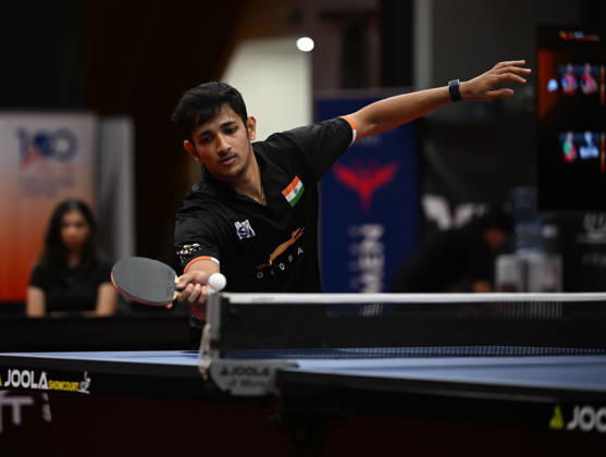 Akash Pal of India in action during the match between Ankur Bhattacharjee and Akash Pal of India and Mateusz Zalewski of Poland and David Szantosi of Hungary during the men s doubles Table tennis, Tischtennis final at the WTT Feeder in Olomouc, Czech Republic, on August 28, 2026. (CTKxPhoto LudekxPerina) CTKPhotoP2026082806336  CTKPhotoP2026082806336