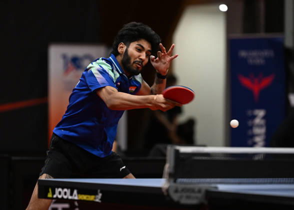 Ankur Bhattacharjee of India in action during the match between Ankur Bhattacharjee and Akash Pal of India and Mateusz Zalewski of Poland and David Szantosi of Hungary during the men s doubles Table tennis, Tischtennis final at the WTT Feeder in Olomouc, Czech Republic, on August 28, 2026. (CTKxPhoto LudekxPerina) CTKPhotoP2026082806344  CTKPhotoP2026082806344