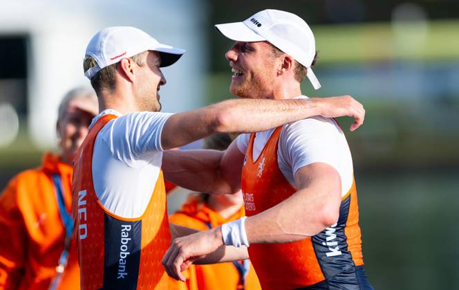 AMSTERDAM - Simon van Dorp and Melvin Twellaar in action during the men s double sculls final on the fifth day of the World Rowing Championships at the Bosbaan in the Amsterdam Forest. IRIS VAN DEN BROEK ANP xVIxANPxSportx xxANPxIVx 566443543 originalFilename: 566443543.jpg