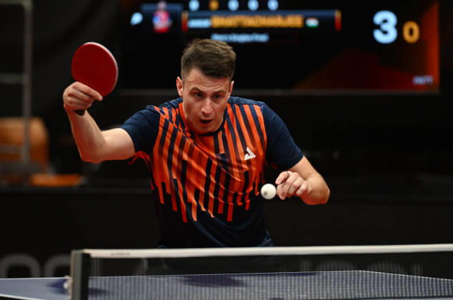 Deni Kozul of Slovenia in action during the match against Ankur Bhattacharjee of India during the men s singles Table tennis, Tischtennis final at the WTT Feeder in Olomouc, Czech Republic, on August 28, 2026. (CTKxPhoto LudekxPerina) CTKPhotoP2026082806626  CTKPhotoP2026082806626