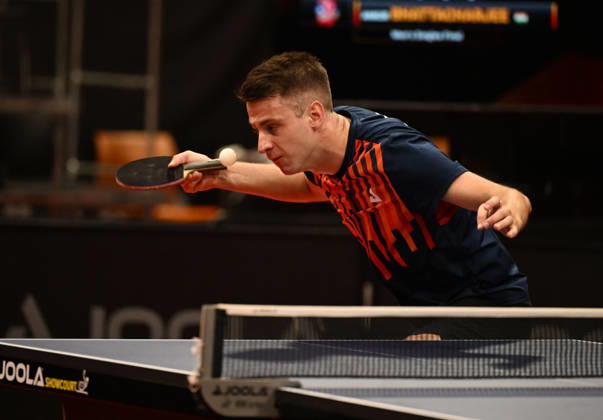 Deni Kozul of Slovenia in action during the match against Ankur Bhattacharjee of India during the men s singles Table tennis, Tischtennis final at the WTT Feeder in Olomouc, Czech Republic, on August 28, 2026. (CTKxPhoto LudekxPerina) CTKPhotoP2026082806705  CTKPhotoP2026082806705