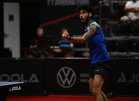 Ankur Bhattacharjee of India reacts during the match against Deni Kozul of Slovenia during the men s singles Table tennis, Tischtennis final at the WTT Feeder in Olomouc, Czech Republic, on August 28, 2026. (CTKxPhoto LudekxPerina) CTKPhotoP2026082806717  CTKPhotoP2026082806717