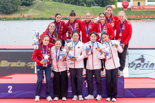 ICF Canoe Sprint and Paracanoe World Championships Team Spain, Team China, Team Germany: K4 Women medal ceremony during ICF Canoe Sprint and Paracanoe World Championships in Poznan, Poland, on August 28, 2026 Poznan Poland  Copyright: xFotoxOlimpikx originalFilename:jastrzebowski-icfcanoe260826_npZ2L.jpg